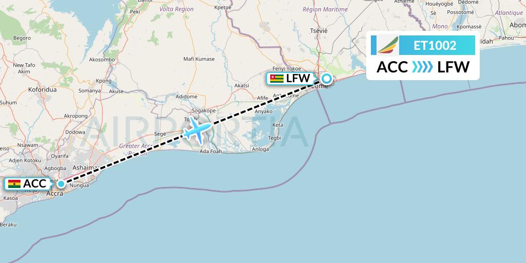 ET1002 Ethiopian Airlines Flight Map: Accra to Lome