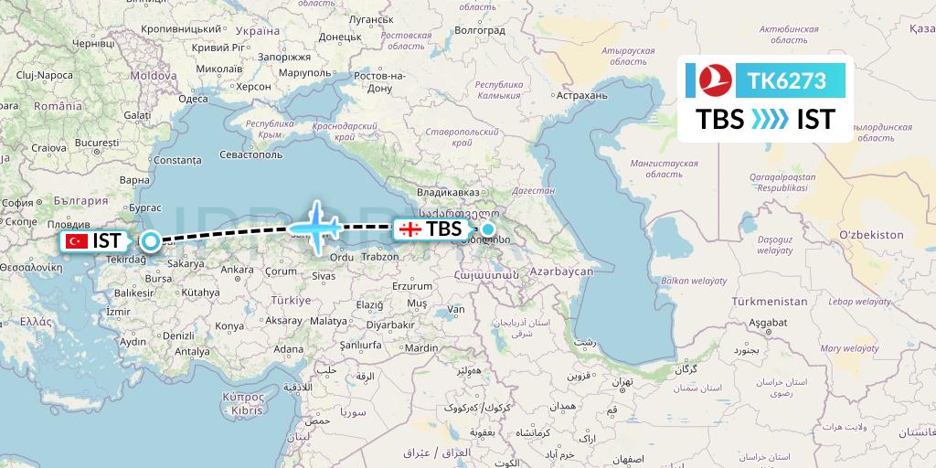 TK6273 Turkish Airlines Flight Map: Tbilisi to Istanbul