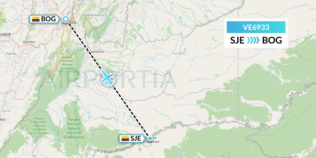 VE6933 Easyfly Flight Map: San Jose Del Guaviare to Bogota