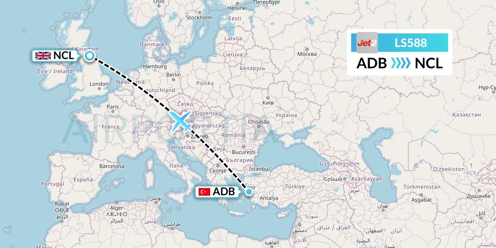 LS588 Jet2 Flight Map: Izmir to Newcastle