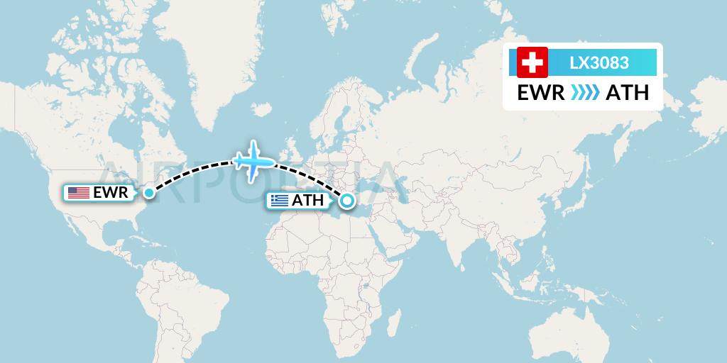 LX3083 Swiss Flight Map: New York to Athens