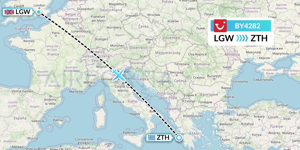 BY4282 TUI Airways Flight Map: London to Zakynthos