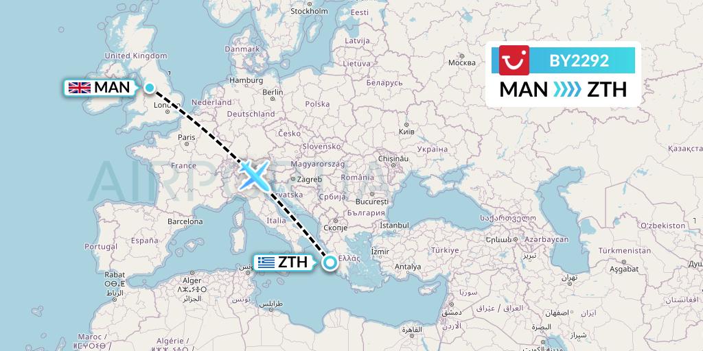BY2292 TUI Airways Flight Map: Manchester to Zakynthos