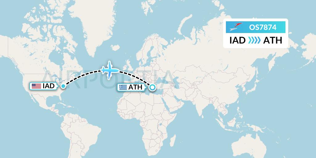 OS7874 Austrian Airlines Flight Map: Washington to Athens