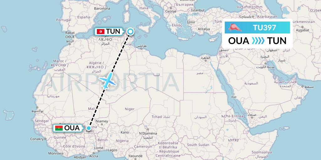 TU397 Tunisair Flight Map: Ouagadougou to Tunis