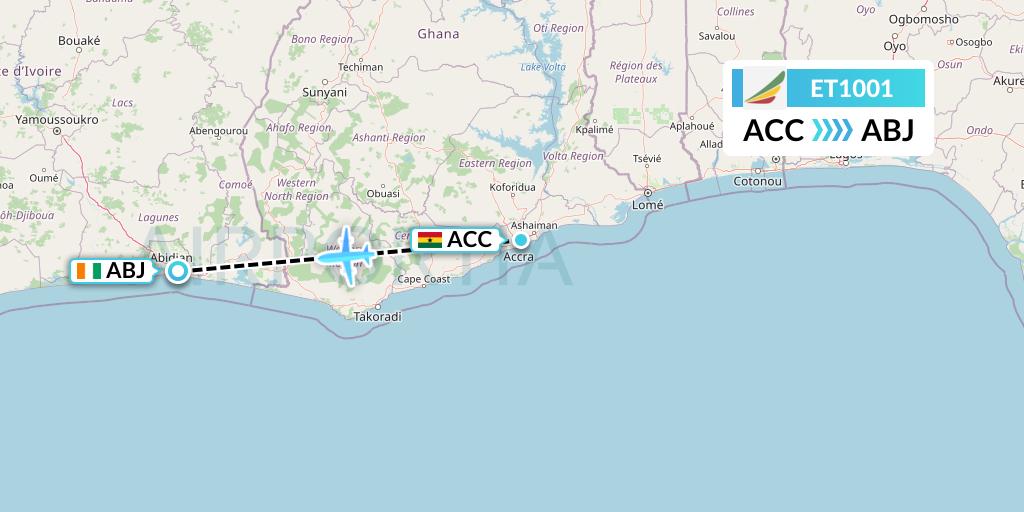 ET1001 Ethiopian Airlines Flight Map: Accra to Abidjan