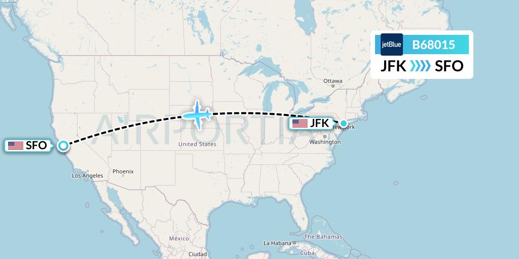 B68015 JetBlue Airways Flight Map: New York to San Francisco