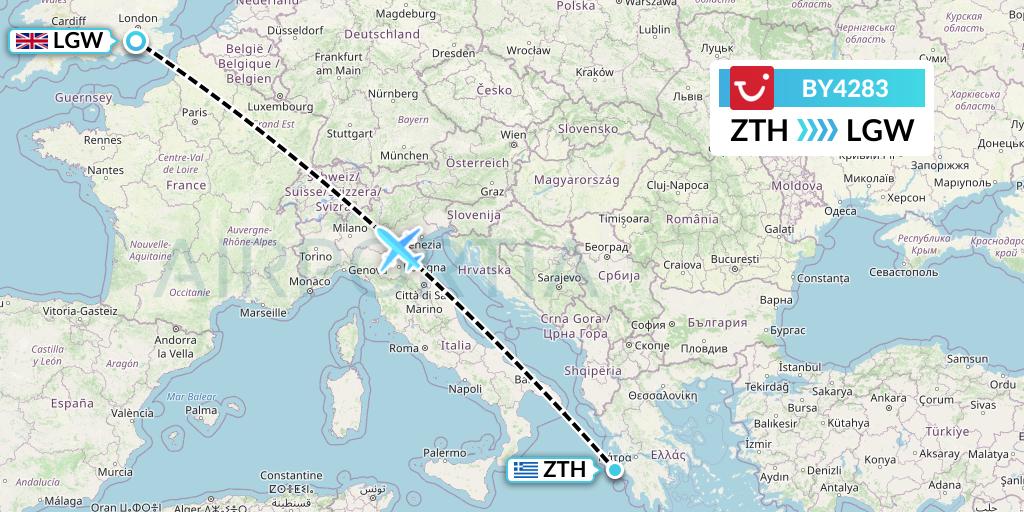 BY4283 TUI Airways Flight Map: Zakynthos to London