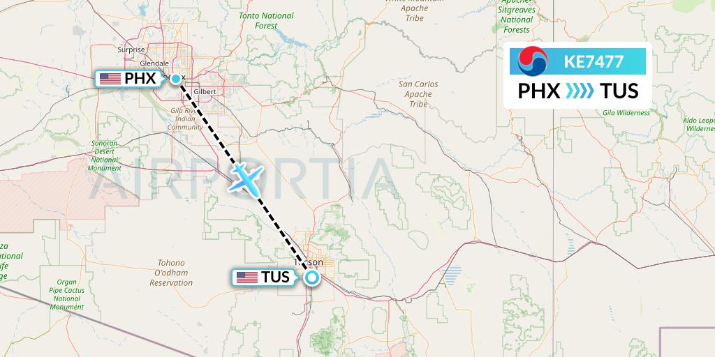 KE7477 Korean Air Flight Map: Phoenix to Tucson