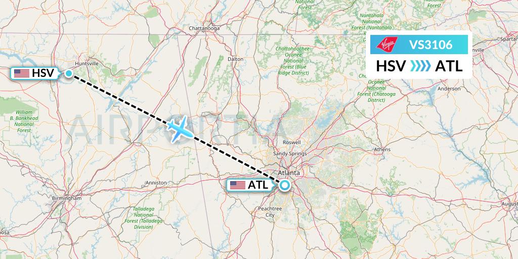 VS3106 Virgin Atlantic Airways Flight Map: Huntsville to Atlanta