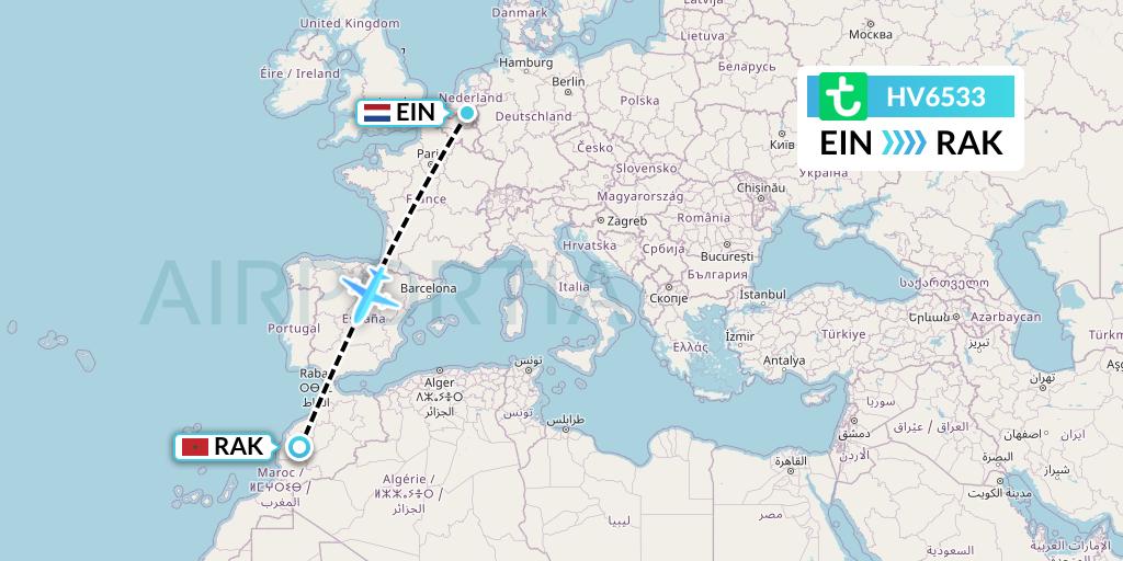HV6533 Transavia Flight Map: Eindhoven to Marrakesh 