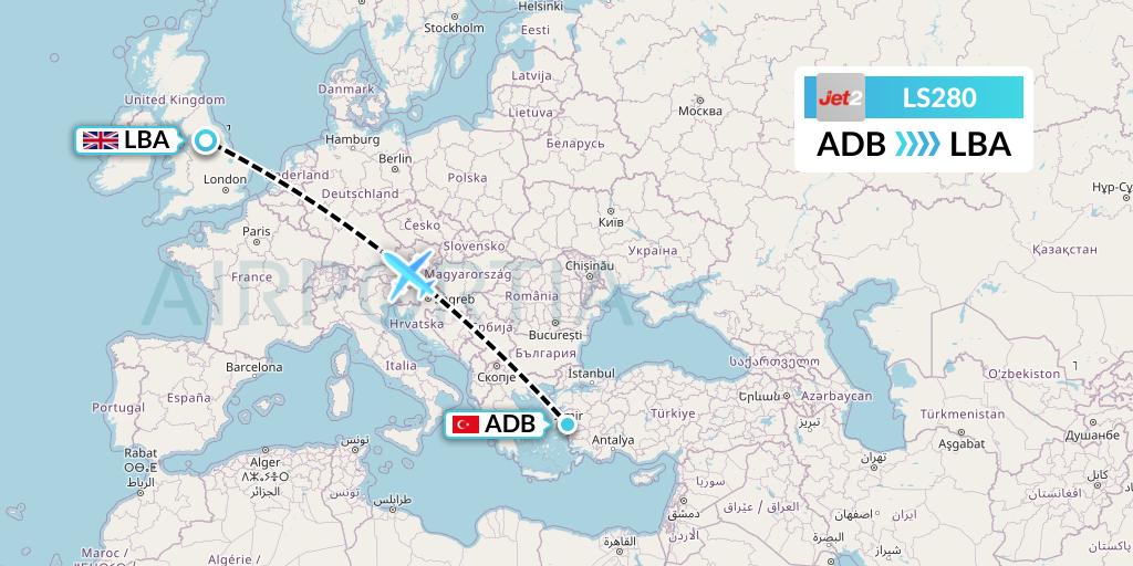 LS280 Jet2 Flight Map: Izmir to Leeds