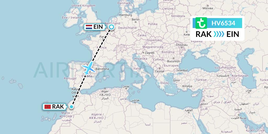 HV6534 Transavia Flight Map: Marrakesh to Eindhoven