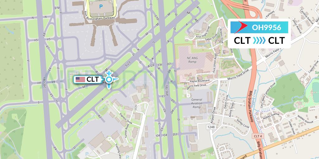 OH9956 PSA Airlines Flight Map: Charlotte to Charlotte