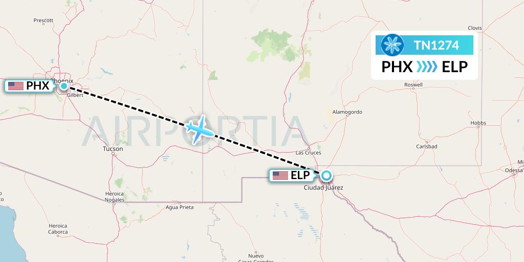 TN1274 Air Tahiti Nui Flight Map: Phoenix to El Paso