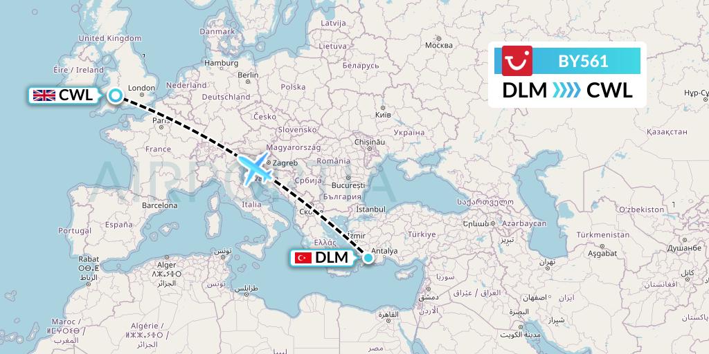 BY561 TUI Airways Flight Map: Dalaman to Cardiff