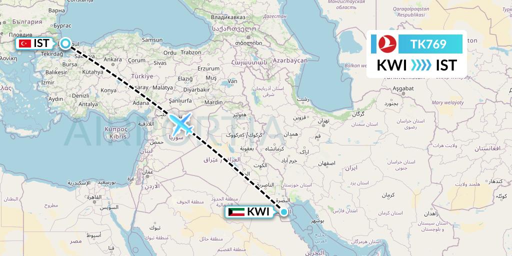 TK769 Turkish Airlines Flight Map: Kuwait City to Istanbul