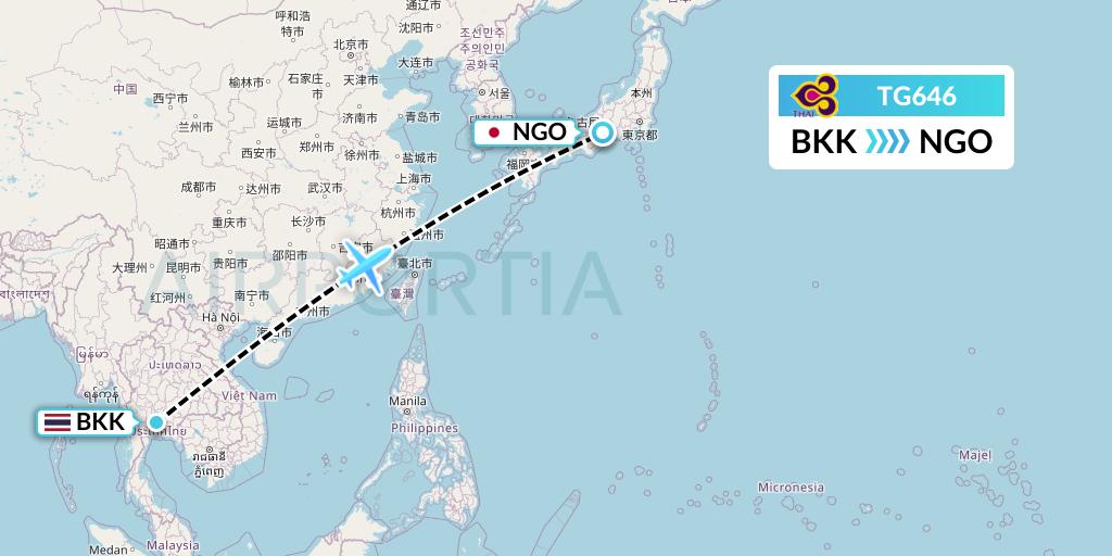 TG646 Thai Airways Flight Map: Bangkok to Nagoya