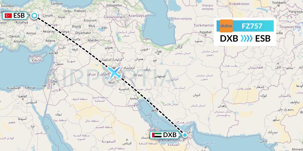 FZ757 FlyDubai Flight Map: Dubai to Ankara