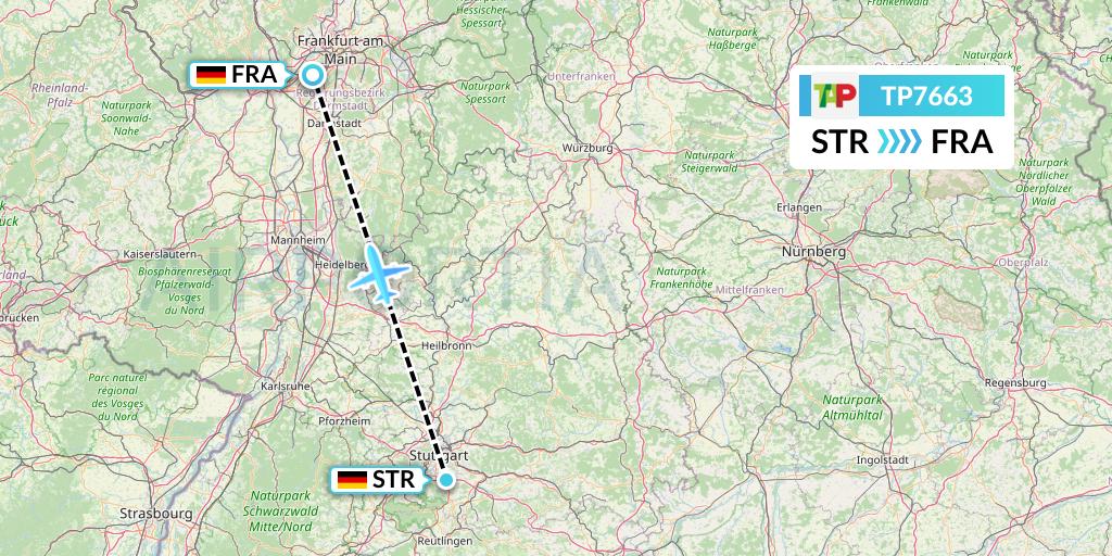 TP7663 TAP Portugal Flight Map: Stuttgart to Frankfurt