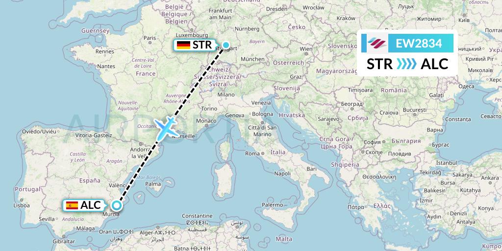 EW2834 Eurowings Flight Map: Stuttgart to Alicante