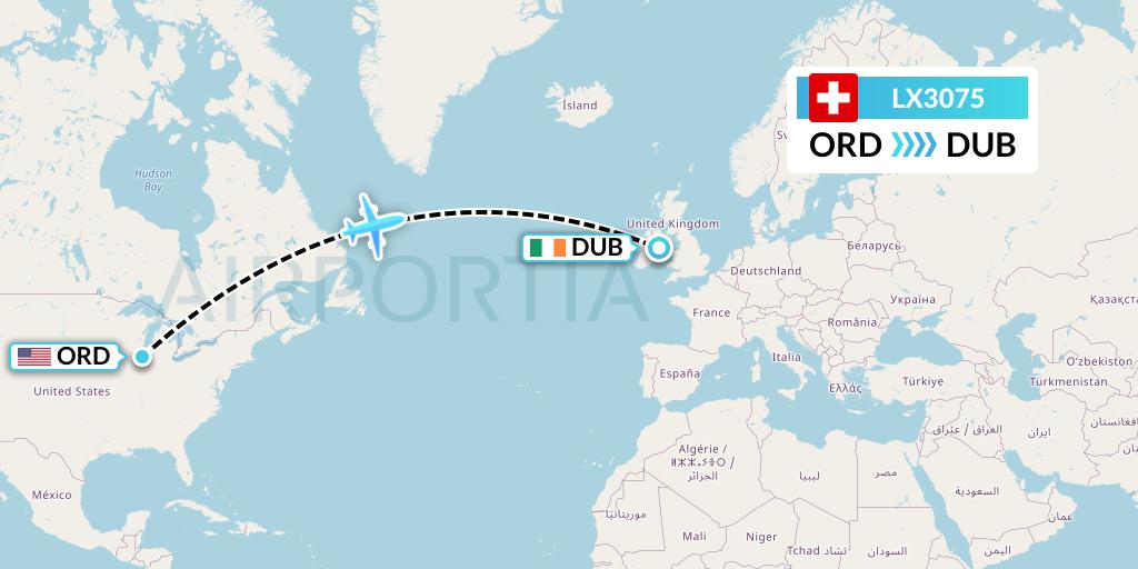 LX3075 Swiss Flight Map: Chicago to Dublin