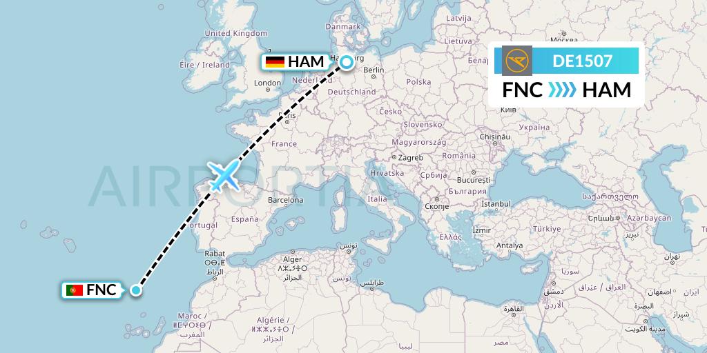 DE1507 Condor Flight Map: Funchal to Hamburg