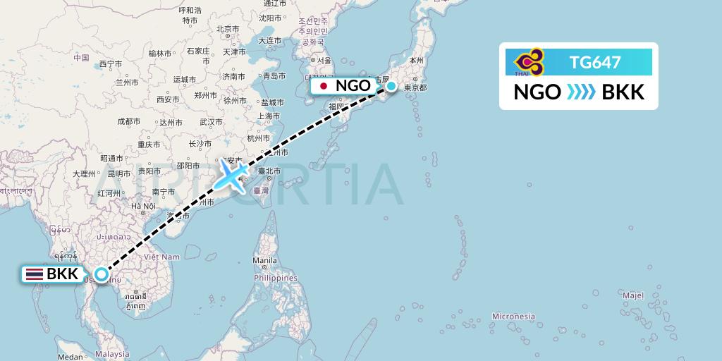 TG647 Thai Airways Flight Map: Nagoya to Bangkok