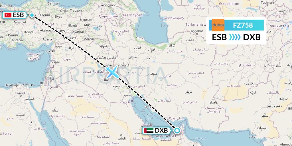 FZ758 FlyDubai Flight Map: Ankara to Dubai