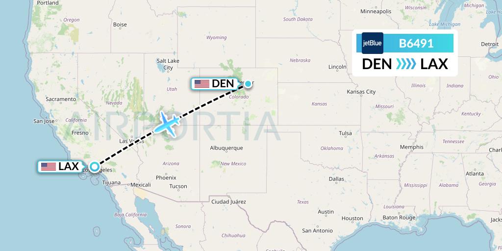 B6491 JetBlue Airways Flight Map: Denver to Los Angeles