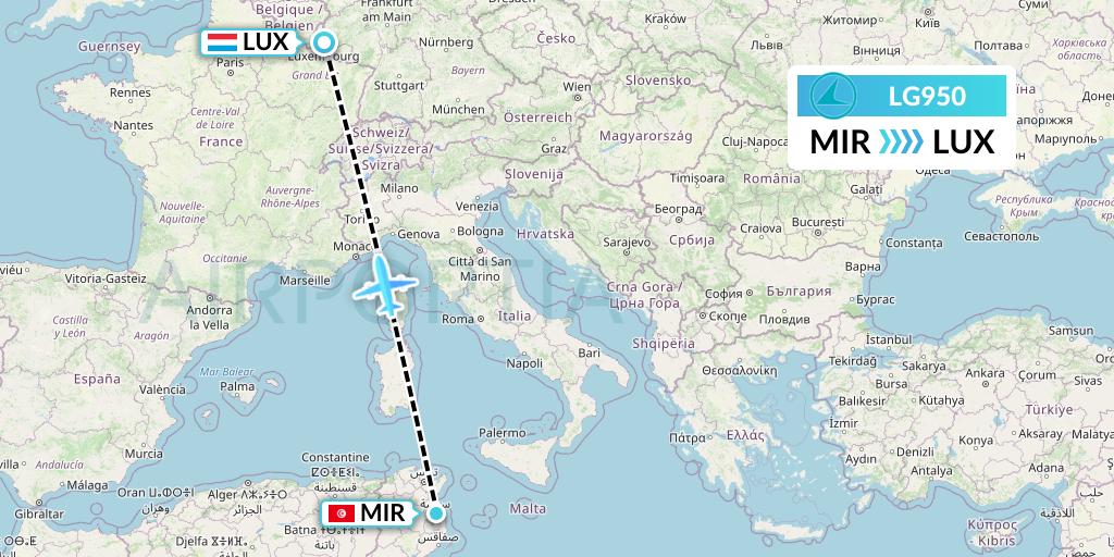 LG950 Luxair Flight Map: Monastir to Luxembourg