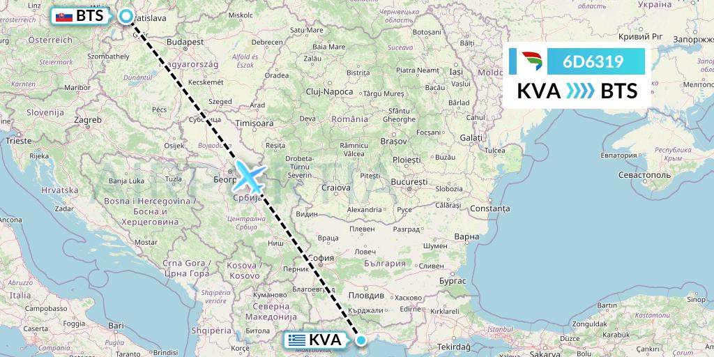 6D6319 Travel Service Slovakia Flight Map: Kavala to Bratislava