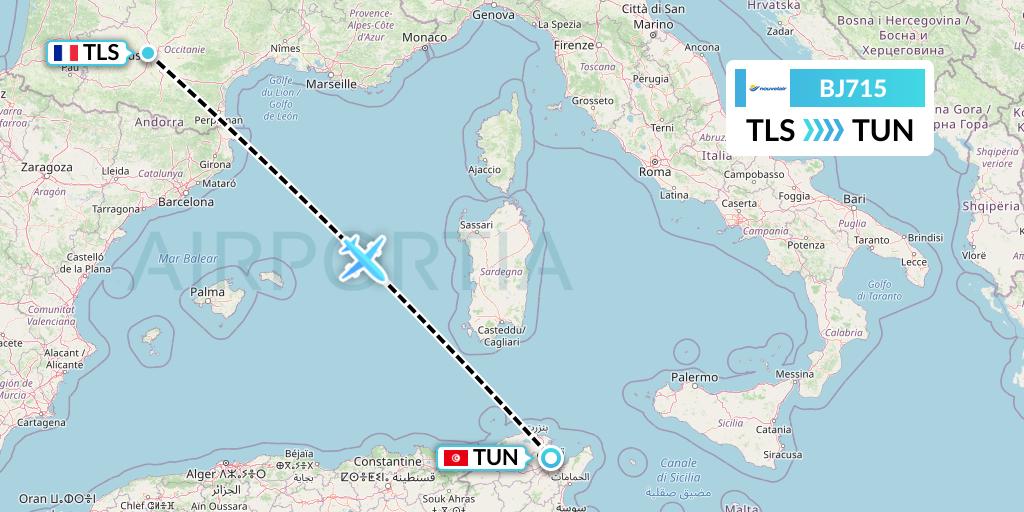 BJ715 Nouvelair Tunisie Flight Map: Toulouse to Tunis