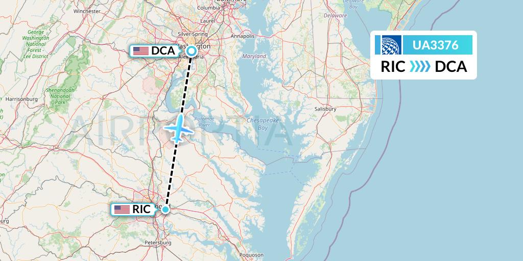 UA3376 United Airlines Flight Map: Richmond to Washington