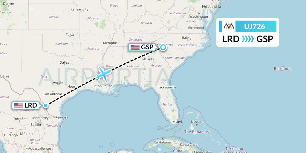 UJ726 AlMasria Universal Airlines Flight Map: Laredo to Greenville-Spartanburg