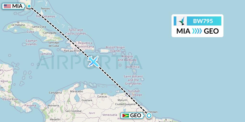 BW795 Caribbean Airlines Flight Map: Miami to Georgetown