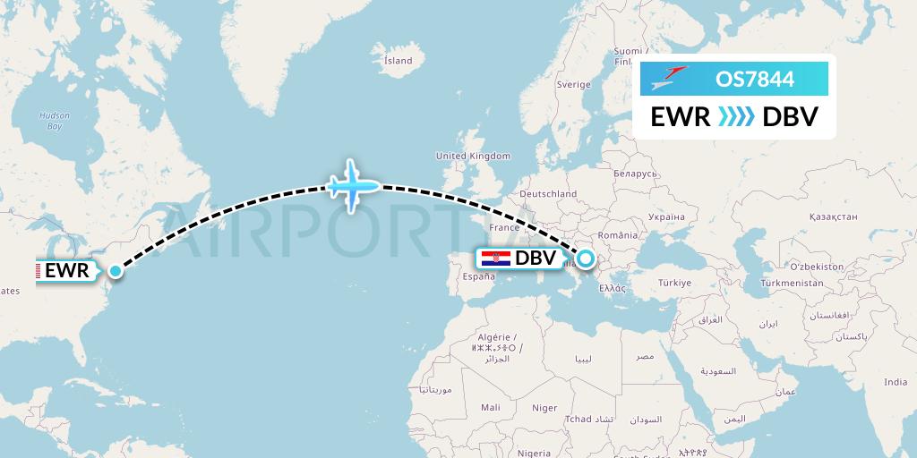 OS7844 Austrian Airlines Flight Map: New York to Dubrovnik
