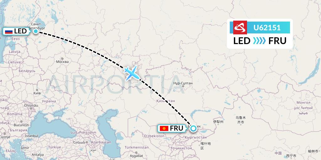 U62151 Ural Airlines Flight Map: St. Petersburg to Bishkek