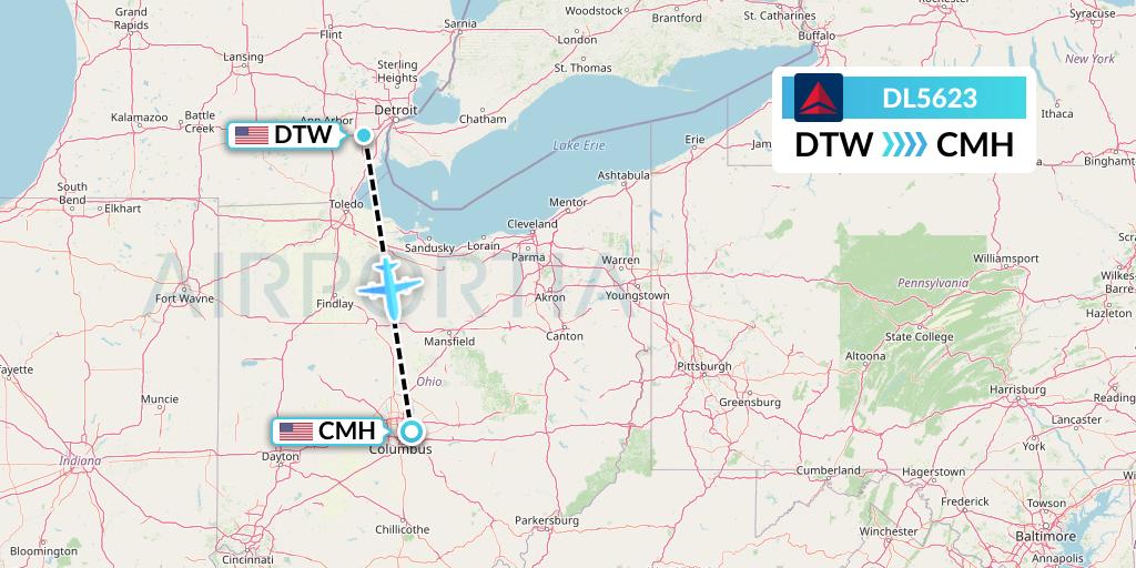 DL5623 Delta Air Lines Flight Map: Detroit to Columbus