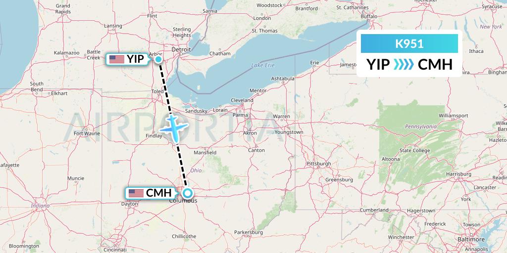 K951 Kalitta Charters Flight Map: Detroit to Columbus