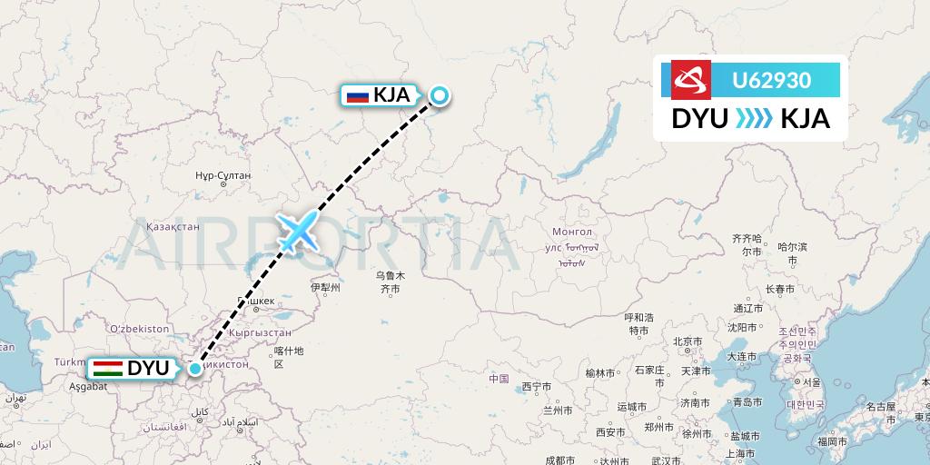 U62930 Ural Airlines Flight Map: Dushanbe to Krasnoyarsk