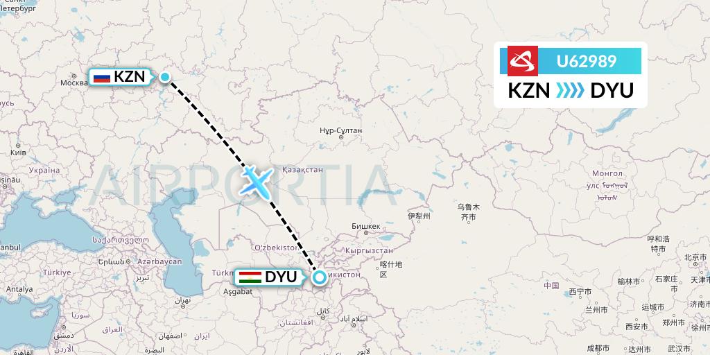 U62989 Ural Airlines Flight Map: Kazan to Dushanbe