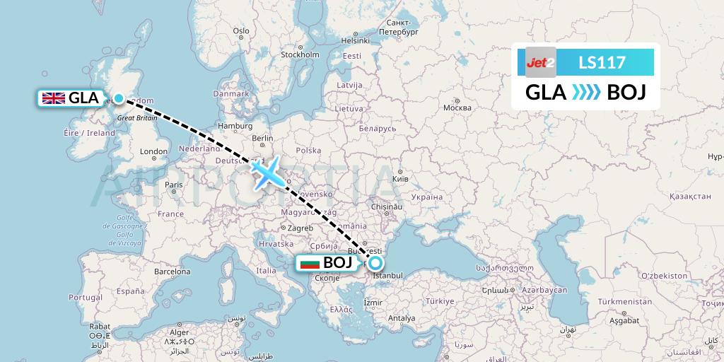 LS117 Jet2 Flight Map: Glasgow to Burgas