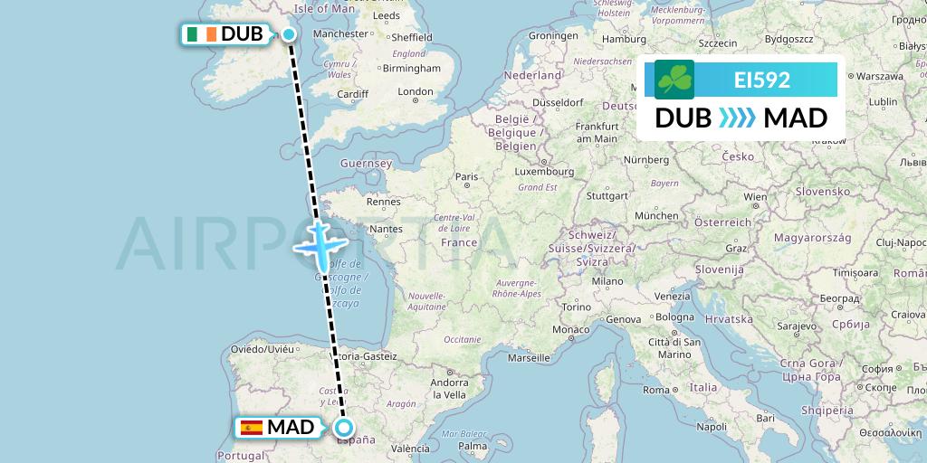 EI592 Aer Lingus Flight Map: Dublin to Madrid