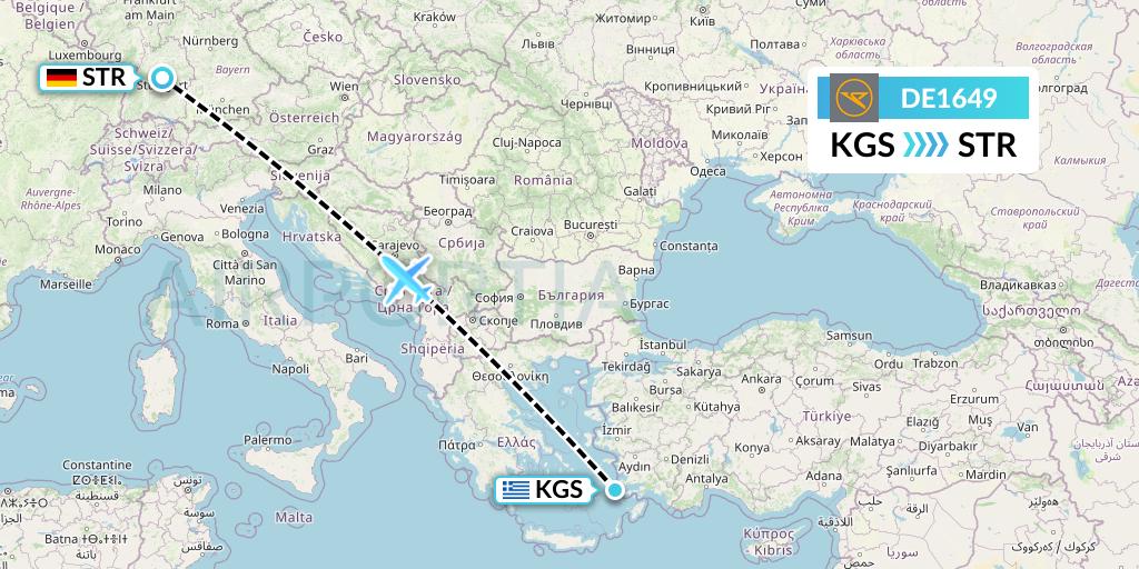 DE1649 Condor Flight Map: Kos to Stuttgart