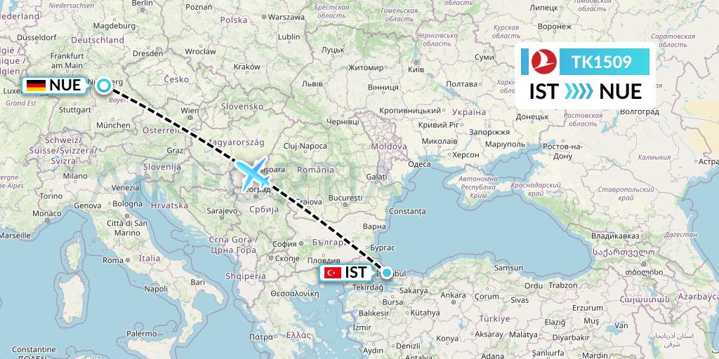 TK1509 Turkish Airlines Flight Map: Istanbul to Nurnberg