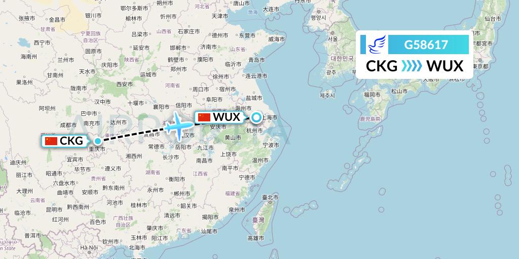G58617 China Express Airlines Flight Map: Chongqing to Wuxi