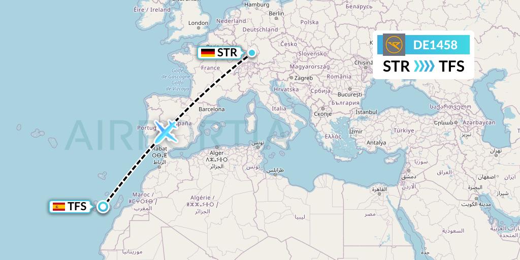 DE1458 Condor Flight Map: Stuttgart to Tenerife