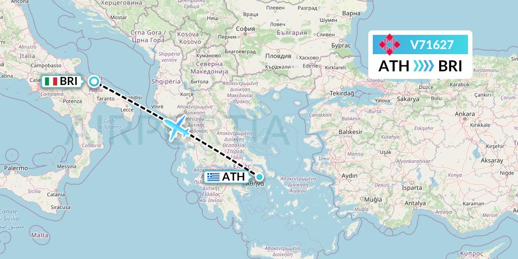V71627 Volotea Flight Map: Athens to Bari