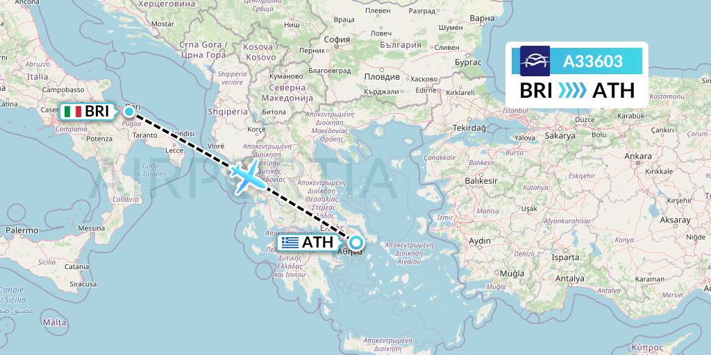 A33603 Aegean Airlines Flight Map: Bari to Athens